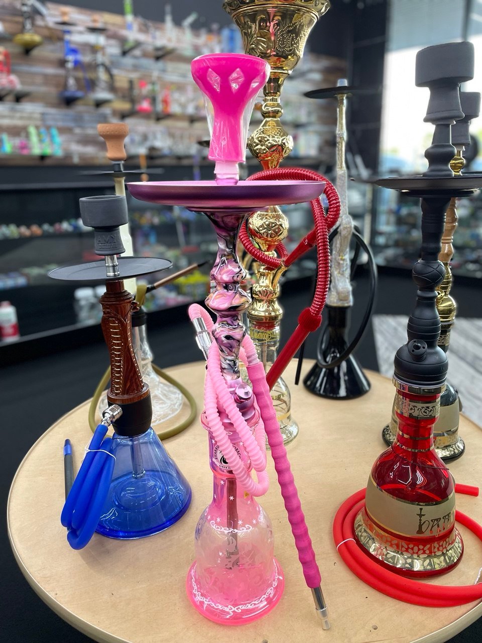 pink hookah Pink designer hookah displayed at One Stop Smoke Shop Houston